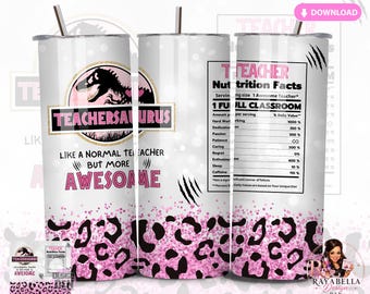 Adesivo per bicchiere Teachersaurus PNG – Divertente design con informazioni nutrizionali per insegnanti (download digitale)