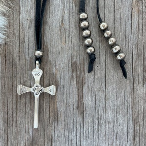 Artistic Sterling Silver Cross Pendant on Black Leather ~ Lariat ~ German Silver beads