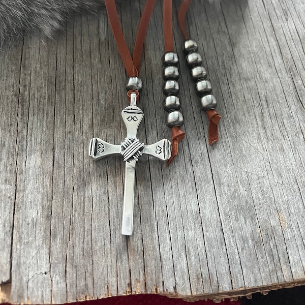 Artistic Silver Cross Pendant on Leather ~ Lariat