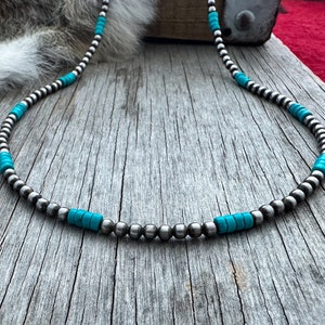 Navajo Pearl Petite 4mm and Blue Turquoise Heishi Necklace ~ German Silver beads!