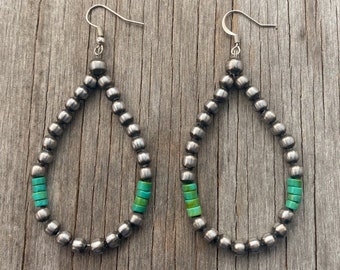 Handmade Navajo Pearl Teardrop Earrings ~ Green Turquoise