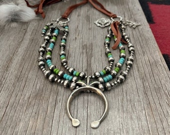 Handmade Navajo Pearl 3 Strand Necklace with Sand Cast Style Naja Pendant! Blue & Green Acai ~ Adjustable Length!