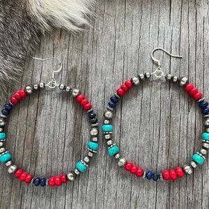 Navajo Pearl Handmade Hoop Earrings with Lapis & Desert Sunset Colors! ~ German Silver beads