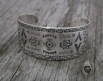 Vintage SW Style Stamped Cuff Bracelet ~ Navajo Style Deep Stamped Silver