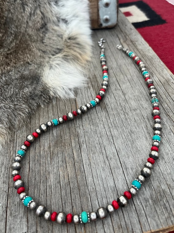 Handmade Navajo Pearl Necklace with 4mm, 6mm, 8mm beads ~ Silver