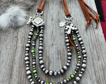 Handmade Navajo Pearl 3 Strand Necklace ~ Sterling Silver Beads & Lime Green Acai ~ Adjustable Length!