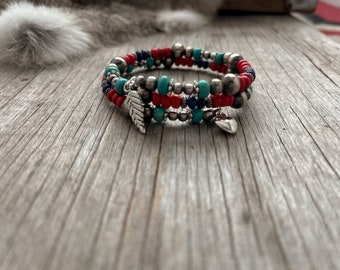 Handmade Navajo Pearl Wrap Bracelet with Red & Blue Design!