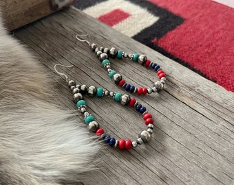 Handmade Navajo Pearl Teardrop Earrings ~ Lapis, Navajo pearl, Turquoise & Coral Acai