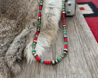 Handmade Navajo Pearl Necklace with 4mm, 6mm, 8mm beads ~ Silver Pumpkin Beads, Turquoise & Coral Acai!