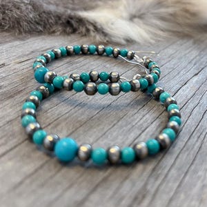 Navajo Pearl Handmade Hoop Earrings ~ German Silver beads ~ Bight Blue Turquoise!