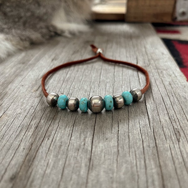 Handmade Navajo Pearl Turquoise Leather Bracelet ~ Adjustable!