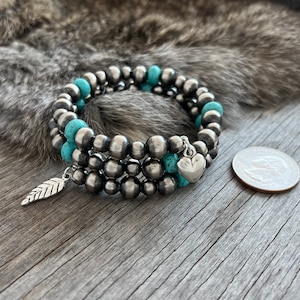 Navajo Pearl Handmade German Silver & Turquoise Bracelet ~ 2-Row ~ One Size Fits All