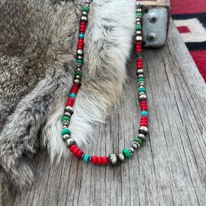 Navajo Pearl Handmade Necklace with 4mm, 6mm, 8mm beads ~ Turquoise & Coral Acai ~ German Silver beads!