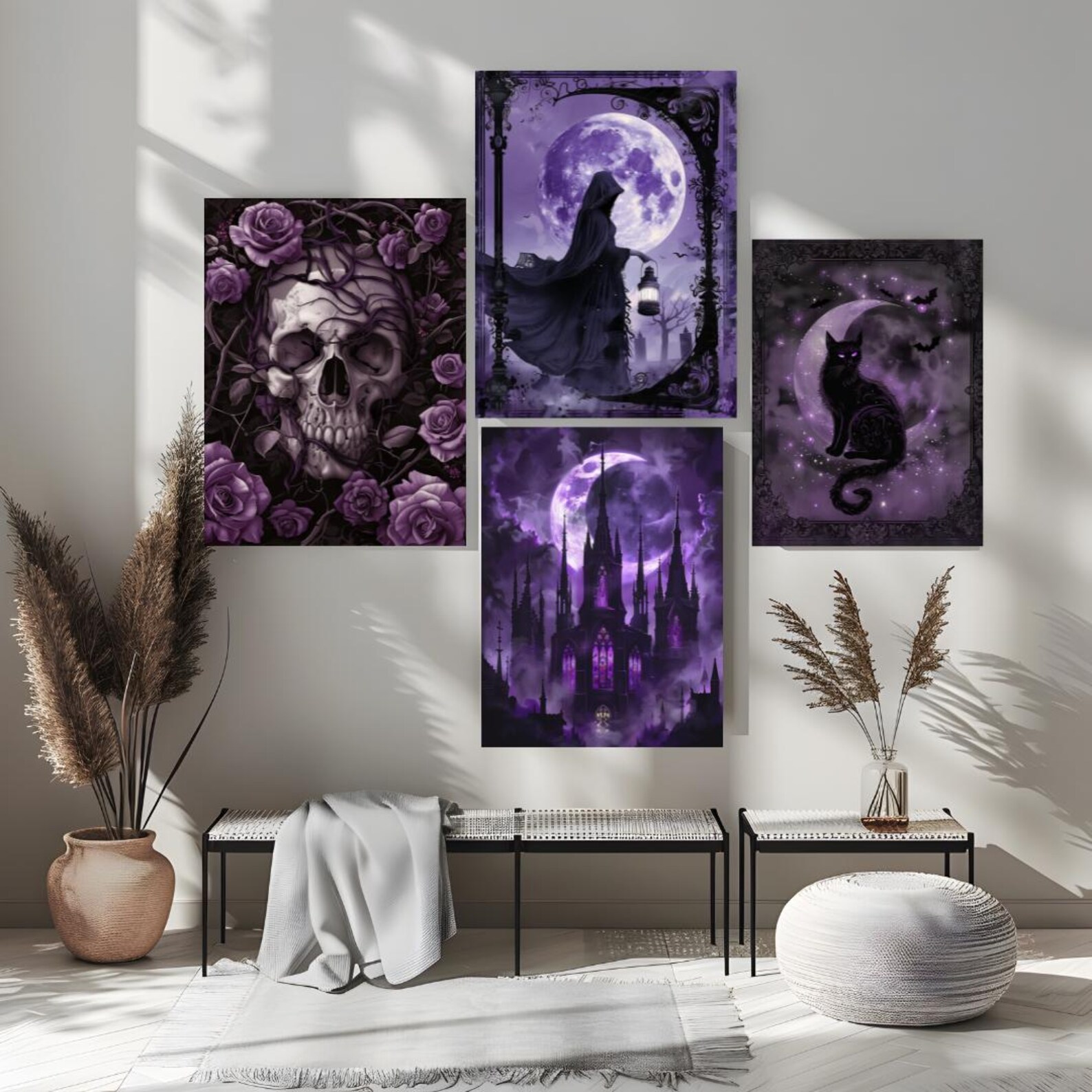 Gothic Halloween Wall Art Prints: Black, White & Purple Spooky Decor ...
