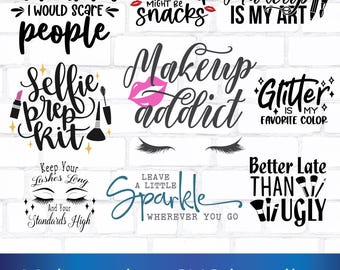Lot de trousse de maquillage SVG - Citations de maquillage drôles, fichiers coupés pour trousses, pochettes et sacs à cosmétiques - SVG de salon Cricut pour les amateurs de beauté,