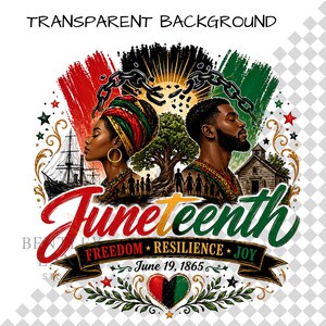 May include: A digital illustration celebrating Juneteenth. It features two profiles of Black individuals, a woman and a man, with a tree, a church, and a ship. The text reads "Juneteenth" and "Freedom, Resilience, Joy, June 19, 1865."