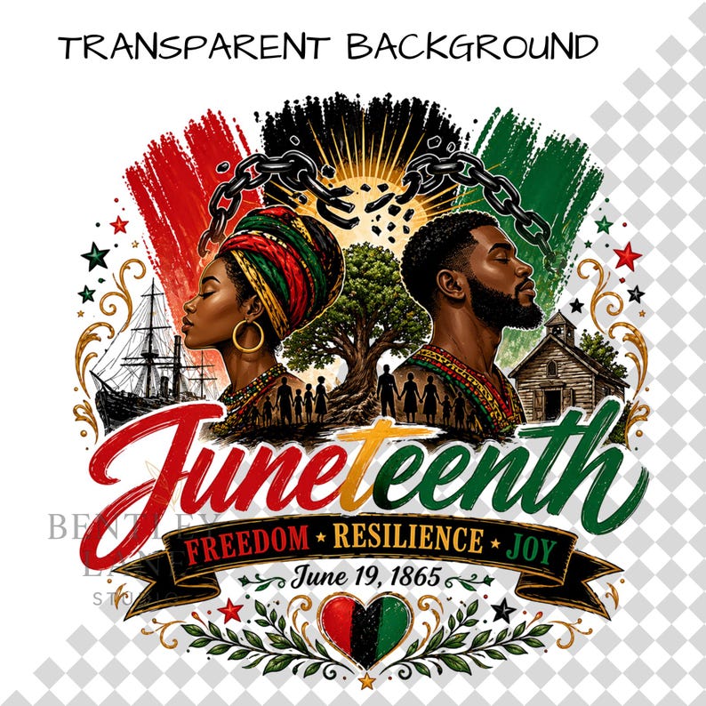 May include: A digital illustration celebrating Juneteenth. It features two profiles of Black individuals, a woman and a man, with a tree, a church, and a ship. The text reads "Juneteenth" and "Freedom, Resilience, Joy, June 19, 1865."