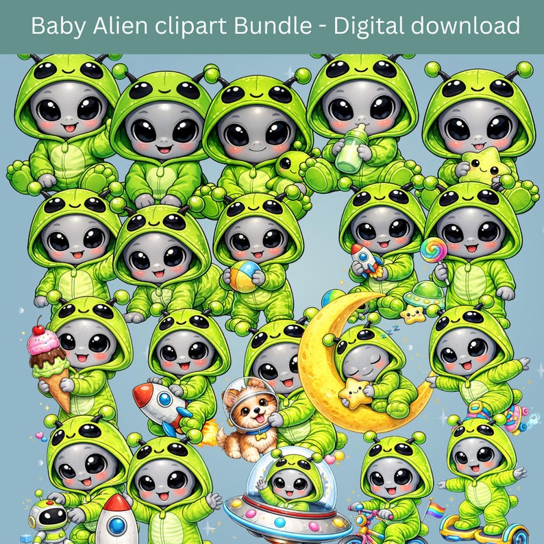 Baby Alien Clipart Bundle – 45 Individual PNG Files | Cute Space Clip ...