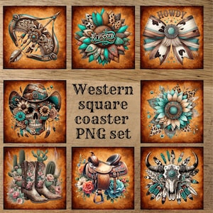 May include: A set of square coasters with a Western theme. Each coaster features a unique design, including a bow, a skull with a cowboy hat, a saddle, and a steer skull. The coasters have a brown background and are decorated with turquoise and floral accents.