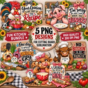 Può includere: Una collezione digitale di cinque design per sublimazione a tema cucina con animali dei cartoni animati tra cui un gallo, un maiale, una mucca e una mucca highland, con testi umoristici come I Licked The Spoon e No Bitchin In My Kitchen.