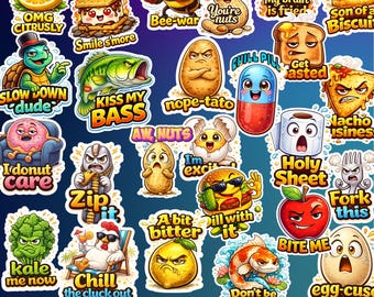 Sarcastische woordspeling stickerbundel, png | Grappige woordspelingen voor volwassenen | 25 stickerset met en zonder witte rand | Sublimatie Clipart