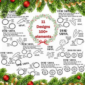 May include: A festive Christmas-themed graphic with the words "Dear Santa" and various illustrations. Includes carrots, cookies, and milk for Santa, with text that reads "Thank you so much for all you do."