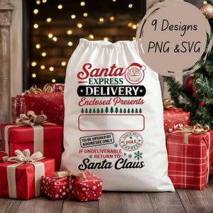 May include: A white Santa Claus gift bag with red text that reads "Santa Express Delivery Enclosed Presents." The bag has a drawstring closure and is surrounded by wrapped gifts in red and white. The bag also has the text "To be opened by addressee only" and "Return to: Santa Claus."