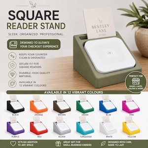 May include: An olive green square reader stand, designed to elevate checkout experiences. It securely fits square readers and keeps counters organised. Available in 12 vibrant colours, it's a stylish addition for shops, cafes, and salons.