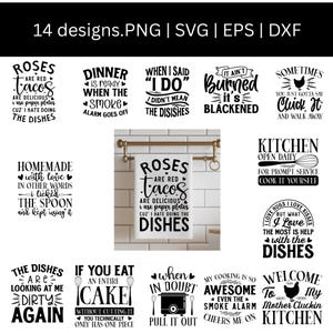 Puede incluir: Una colección de 14 diseños con temática de cocina en texto negro sobre fondo blanco. Los diseños incluyen frases como "Roses are red, tacos are delicious" y "Kitchen open daily". La imagen es adecuada para la decoración de la cocina.