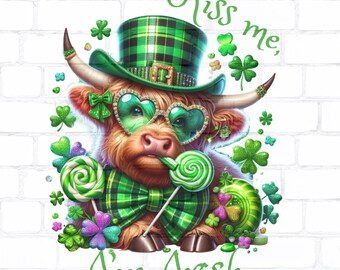 St Patrick’s Day PNG – Highland Cow “Kiss Me, I’m Irish” – Cute Irish Cow Sublimation, Green Plaid, Shamrock Clipart, Instant Download