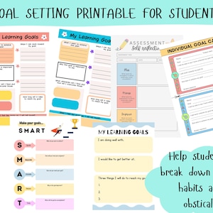 Op de afbeelding: Printbare werkbladen voor doelstellingen voor studenten. Bevat sjablonen voor leerdoelen, zelfreflectie en individuele doelkaarten. Bevat een SMART-doelen sectie en een sectie voor het opsplitsen van stappen, gewoonten en obstakels. Het kleurenschema omvat perzik, blauw en geel.