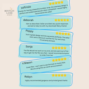 May include: Image featuring customer reviews for Bentley Lane Studio. Reviews are displayed in light blue speech bubbles with gold star ratings. The reviews mention the quality of the designs and the seller's helpfulness. The studio logo is in the top left corner.