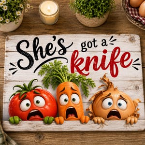 Puede incluir: Un letrero rectangular de madera con el texto "She's got a knife" en letra cursiva negra y roja. Debajo del texto, tres vegetales de dibujos animados, un tomate rojo, una zanahoria naranja y una cebolla marrón, aparecen con ojos muy abiertos y bocas abiertas.
