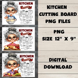 Puede incluir: Una descarga digital con un diseño de tabla de cortar de cocina. La imagen incluye una ilustración de dibujos animados de una mujer con gafas y una tabla de conversión de cocina. El tamaño es de 30,48 cm x 22,86 cm.