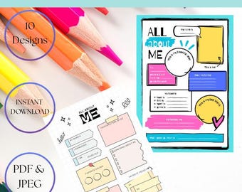 All About Me Printable worksheets bundle, Back to school activities, Digital Download