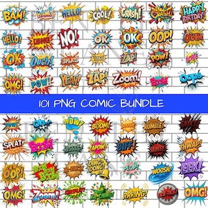 Könnte beinhalten: Eine Sammlung von 101 PNG-Comic-Soundeffekten in verschiedenen Farben und Stilen, darunter "BAM!", "POW!" und "ZOOM!". Der Text "101 PNG COMIC BUNDLE" wird in einem blauen Banner angezeigt.