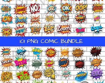 Comic Text PNG Bundle | Retro Pop Art Words | Comic Speech Bubbles | Sticker Designs | Sublimation Clipart | Instant Download