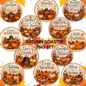 May include: A set of ten circular coasters featuring autumn-themed illustrations including pumpkins, sunflowers, turkeys, and lanterns. Each coaster displays seasonal text such as Give Thanks, Harvest Blessing, Hello Pumpkin, and Cozy Season.