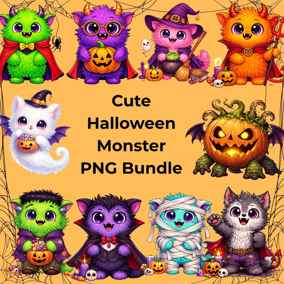 Cute Halloween Monster PNG Bundle | Kawaii Halloween Clipart | 10 PNG ...