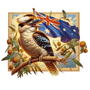 Puede incluir: Ilustración detallada de un kookaburra posado en una rama, con la bandera australiana al fondo. El ave tiene plumas marrones, blancas y azules, y está rodeada de follaje y frutos de color naranja. La imagen está enmarcada con un borde dorado.