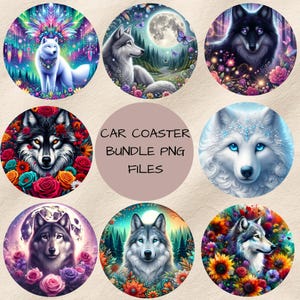 May include: A collection of round car coasters featuring detailed illustrations of wolves. Each coaster showcases a different wolf design, surrounded by floral elements, a full moon, and vibrant colors. The text "CAR COASTER BUNDLE PNG FILES" is in the center.