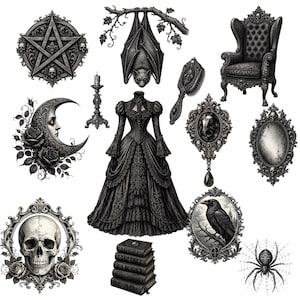 May include: A collection of gothic-themed illustrations in black and white. The image includes a pentagram, a bat hanging from a branch, a Victorian dress, a skull, a raven, a spider, a crescent moon, a chair, a mirror, a hairbrush, a candle holder, and books.