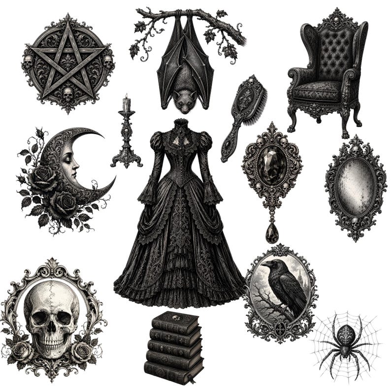 May include: A collection of gothic-themed illustrations in black and white. The image includes a pentagram, a bat hanging from a branch, a Victorian dress, a skull, a raven, a spider, a crescent moon, a chair, a mirror, a hairbrush, a candle holder, and books.
