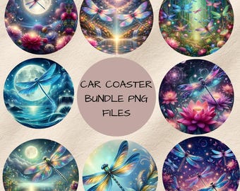 Dragonfly Car Coaster PNG Bundle | Fantasy Dragonfly Sublimation Designs | Moonlight Floral Coaster Images | Boho Mystical PNG Set