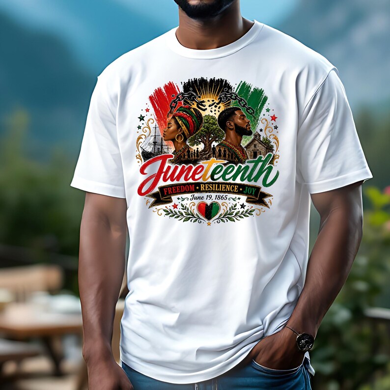 May include: White t-shirt featuring a colorful graphic celebrating Juneteenth. The design includes the word "Juneteenth" in red and green script, along with images of a man and woman, a ship, and the date June 19, 1865.