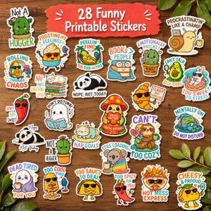 Peut inclure: Un ensemble de 28 autocollants découpés colorés représentant divers personnages de dessins animés comme des cactus, des animaux et des aliments avec des légendes humoristiques telles que Not A Hugger, Procrastinatin' Like A Champ et Social Battery 2%.