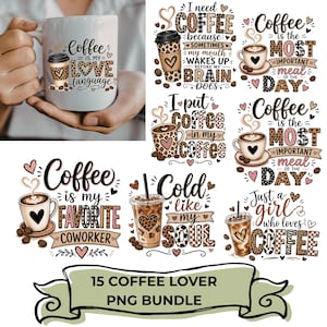 Może przedstawiać: Biały ceramiczny kubek z napisem Coffee is my love language i grafiką filiżanki kawy, obok cyfrowej kolekcji 15 wzorów o tematyce kawowej z panterką, kratą i hasłami takimi jak Coffee is the most important meal of the day.