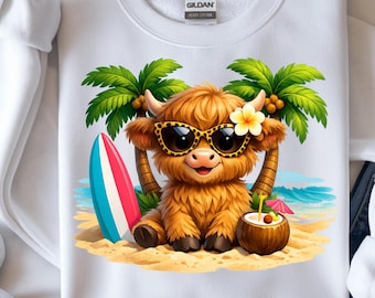 Summer Beach Highland Cow PNG voor sublimatie | Leuk tropisch koeontwerp | Zomervakantieshirt, png PNGEgg | Strandsublimatie | Direct downloaden