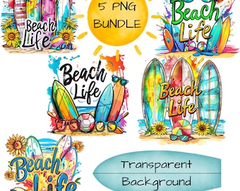 Beach Life PNG-bundel • 5 zomersublimatieontwerpen • Surfplank-png-set • Strandshirt-clipart • Tropische sublimatiebestanden