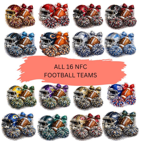 NFC Football PNG Bundle (16 Teams) | Football Helmet Cheer Designs | Glitter Football Clipart | Sports Sublimation PNG | Game Day Bundle